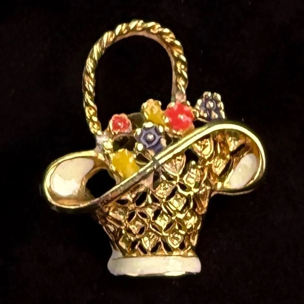 Vintage Gold Tone Flower Basket Brooch Pin Colorful Enamel Accents